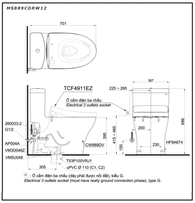 Bồn Cầu Điện Tử TOTO MS889CDRW12#XW Kèm Nắp Rửa Điện Tử WASHLET (Loại Giấu Dây) Dòng S7 - TCF4911EZ (220V)