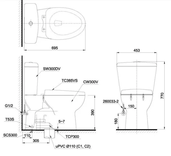 Bản vẽ kỹ thuật bồn cầu toto cs300dt3y1