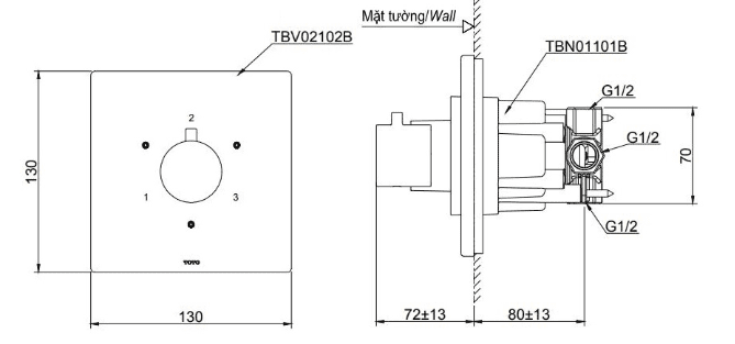 Van Điều Chỉnh Nhiệt Độ TOTO TBV02102B/TBN01101B 3 Đường Nước