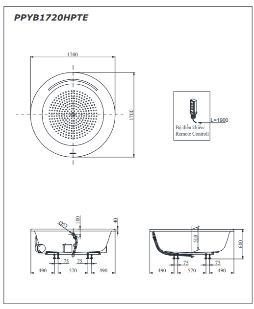 Bồn Tắm TOTO PPYB1720HPTE#P Ngọc Trai, Sục Khí