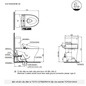 Bồn Cầu Điện Tử TOTO CS769DRW16#XW Kèm Nắp Rửa Điện Tử WASHLET Dòng C2 - TCF23410AAA (220V)