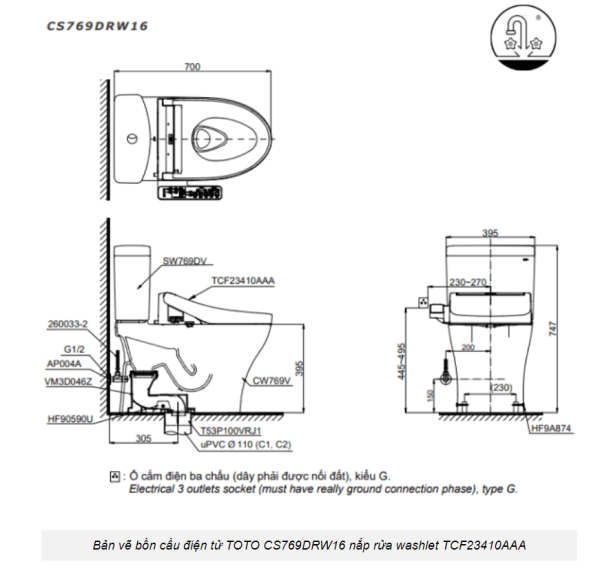 Bồn Cầu Điện Tử TOTO CS769DRW16#XW Kèm Nắp Rửa Điện Tử WASHLET Dòng C2 - TCF23410AAA (220V)