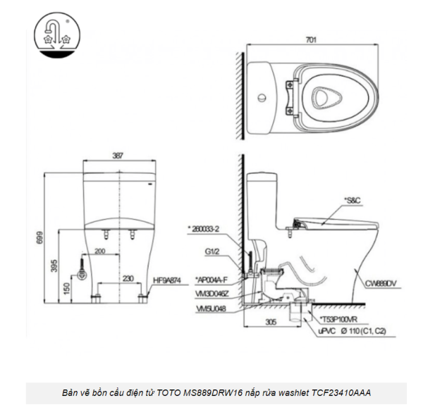 Bồn Cầu Điện Tử TOTO MS889DRW16#XW Kèm Nắp Rửa Điện Tử WASHLET Dòng C2 - TCF23410AAA (220V)