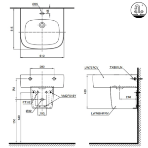 Chậu Rửa Mặt Lavabo TOTO LHT767CR#XW Treo Tường Chân Ngắn