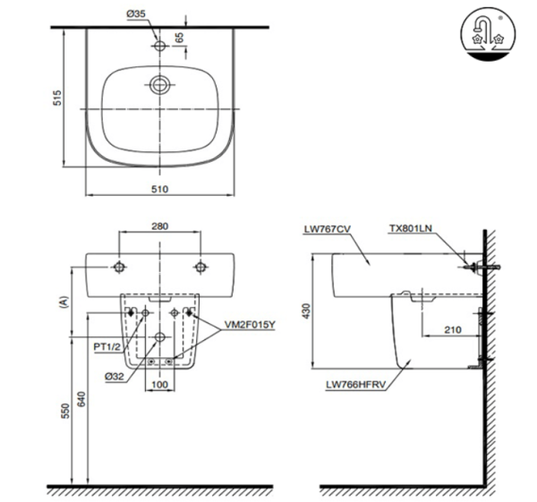 Chậu Rửa Mặt Lavabo TOTO LHT767CR#XW Treo Tường Chân Ngắn