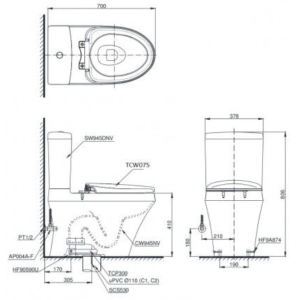 Bồn Cầu TOTO CS945DNE2#XW 2 Khối Nắp Rửa Cơ TCW07S