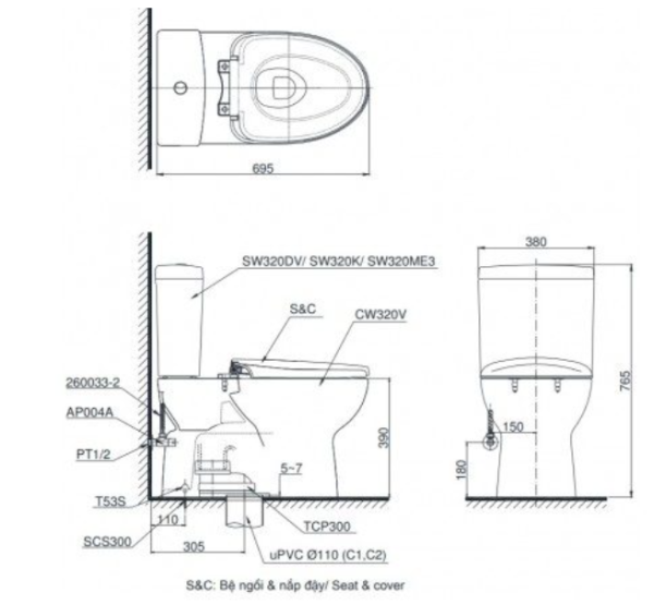 Bồn Cầu TOTO CS320DRE2#W 2 Khối Nắp Rửa Cơ TCW07S