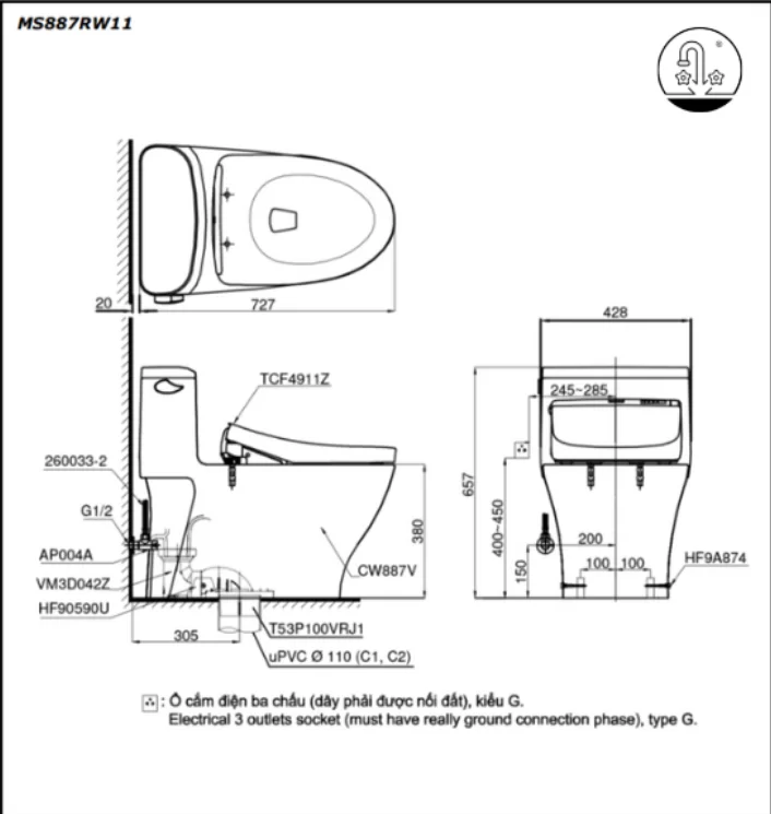 Bồn cầu TOTO MS887W11 (MS887RW11)