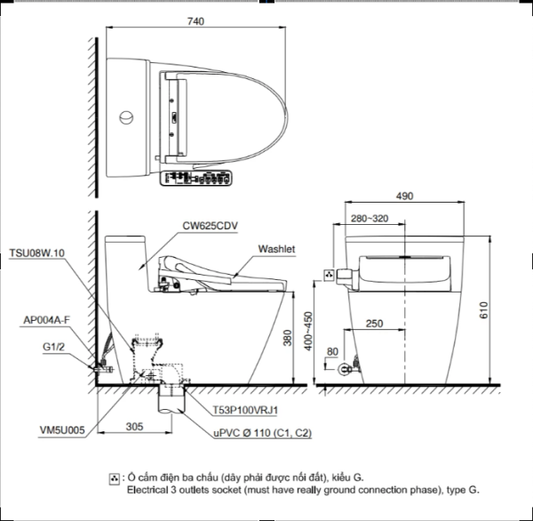 Bồn Cầu WASHLET TOTO MS625CDW15 1 Khối Kèm Nắp Điện Tử TCF24460AAA (220V)