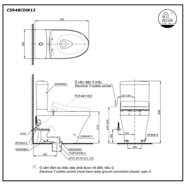 bản vẽ Bồn cầu điện tử TOTO CS948CDW12 nắp rửa Washlet