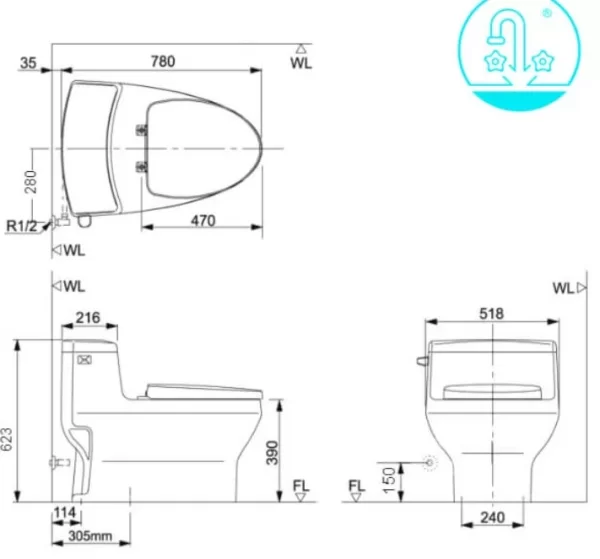 Kích thước bồn cầu 1 khối