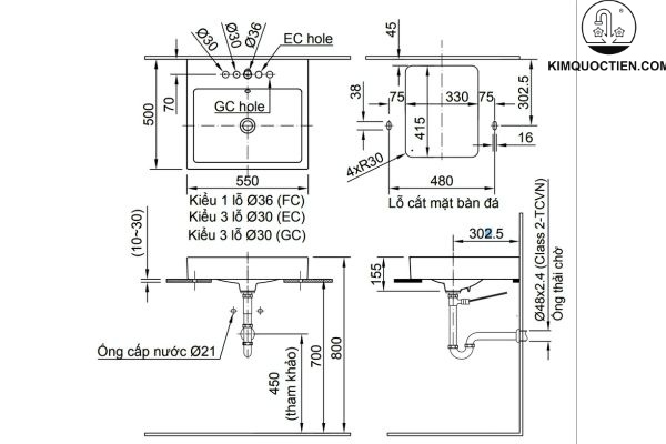 kích thước chậu rửa mặt