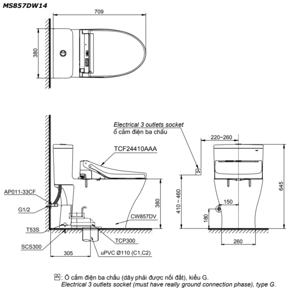 Bản vẽ kỹ thuật bồn cầu TOTO MS857DW14