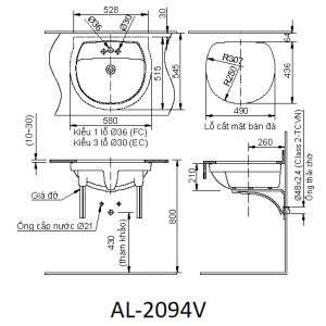 Bản vẽ kỹ thuật Chậu rửa lavabo âm bàn INAX AL-2094VFC