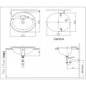 Bản vẽ kỹ thuật Chậu rửa lavabo âm bàn INAX AL-2395VEC
