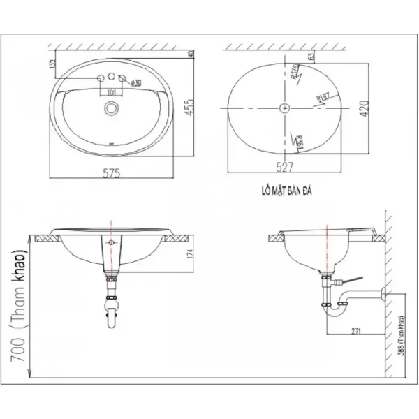 Bản vẽ kỹ thuật Chậu rửa lavabo âm bàn INAX AL-2395VEC