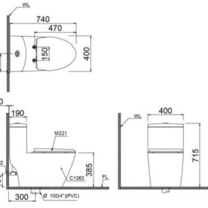 Bản vẽ kỹ thuật Bồn cầu 1 khối nắp điện tử Caesar C1363F/TAF512H