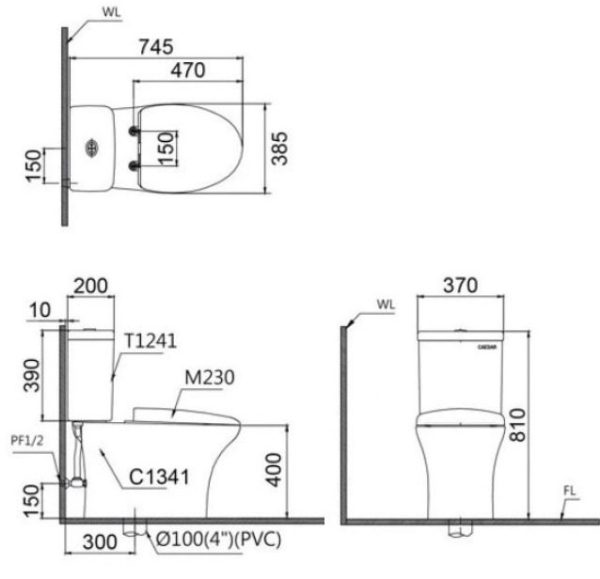 Bồn cầu 2 khối Caesar nắp cơ CD1341/TAF060