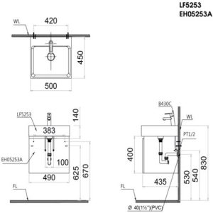 Bản vẽ kỹ thuật Tủ lavabo Caesar EH05253AV