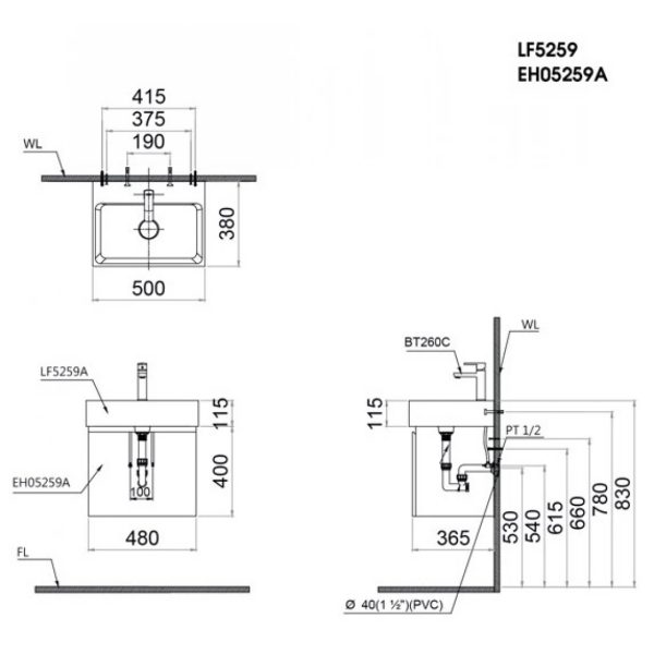 Bản vẽ kỹ thuật Tủ lavabo Caesar EH05259AV
