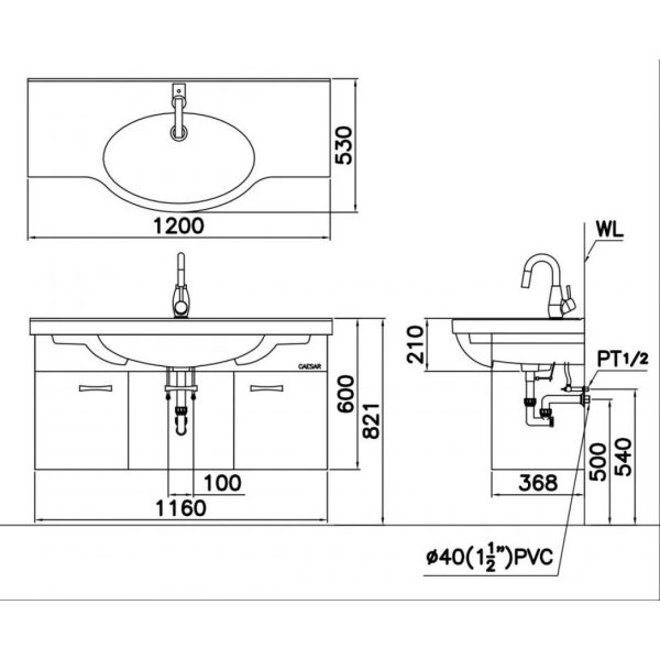 Bản vẽ kỹ thuật Tủ lavabo Caesar EH05324AV