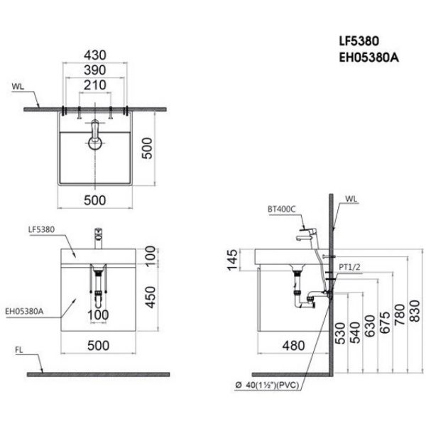 Bản vẽ kỹ thuật Tủ lavabo Caesar EH05380AV