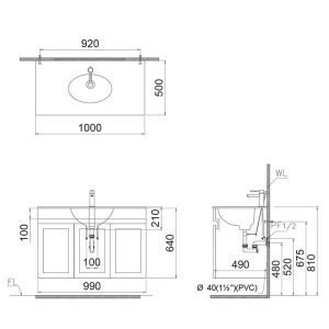 Bản vẽ kỹ thuật Tủ lavabo Caesar EH15028AW7V