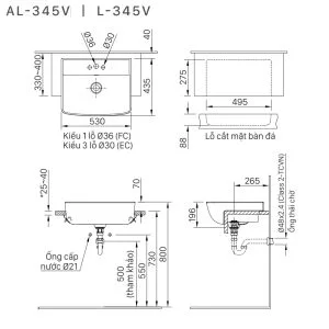 Bản vẽ kỹ thuật Chậu rửa lavabo đặt bàn INAX L-345VEC
