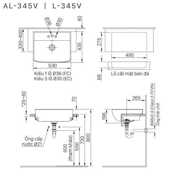 Bản vẽ kỹ thuật Chậu rửa lavabo đặt bàn INAX L-345VFC