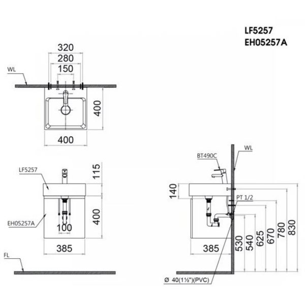 Bản vẽ kỹ thuật Bộ tủ lavabo Caesar LF5257+EH05257ATGV