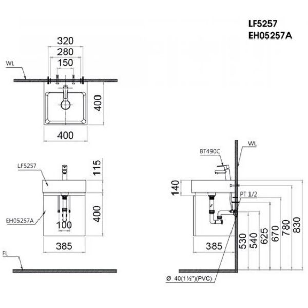 Bản vẽ kỹ thuật Bộ tủ lavabo Caesar LF5257+EH05257AWV