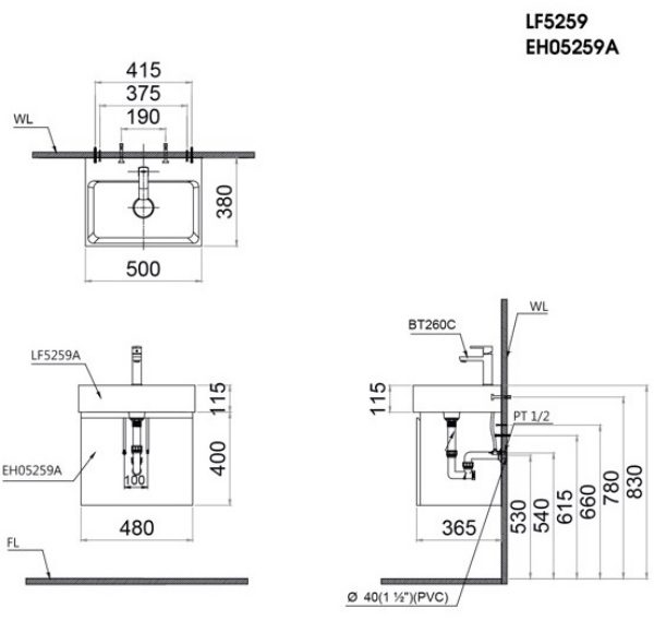 Bản vẽ kỹ thuật Bộ tủ lavabo Caesar LF5259/EH05259AWV
