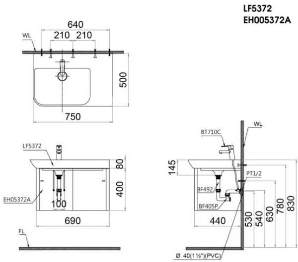 Bản vẽ kỹ thuật Bộ tủ lavabo Caesar LF5372/EH05372AV