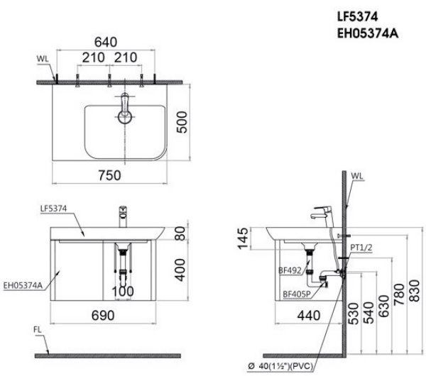 Bản vẽ kỹ thuật Bộ tủ lavabo Caesar LF5374/EH05374AV