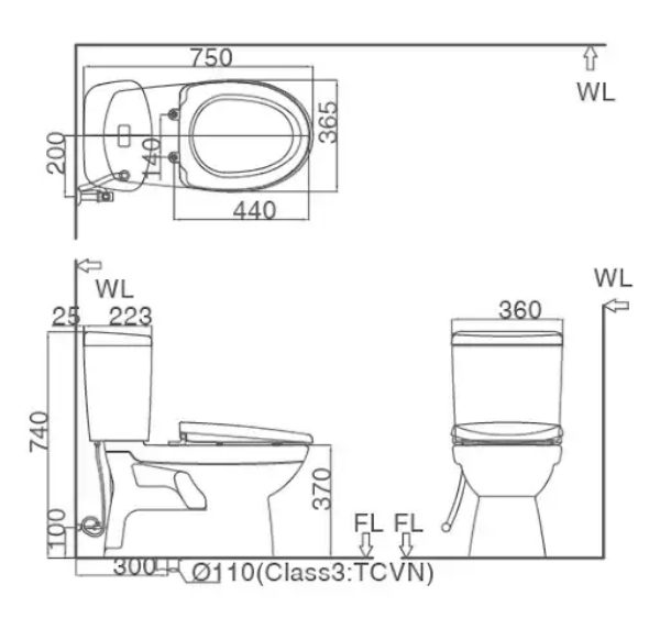Bồn cầu 2 khối kết hợp nắp rửa điện tử C-504A+CW-H17VN