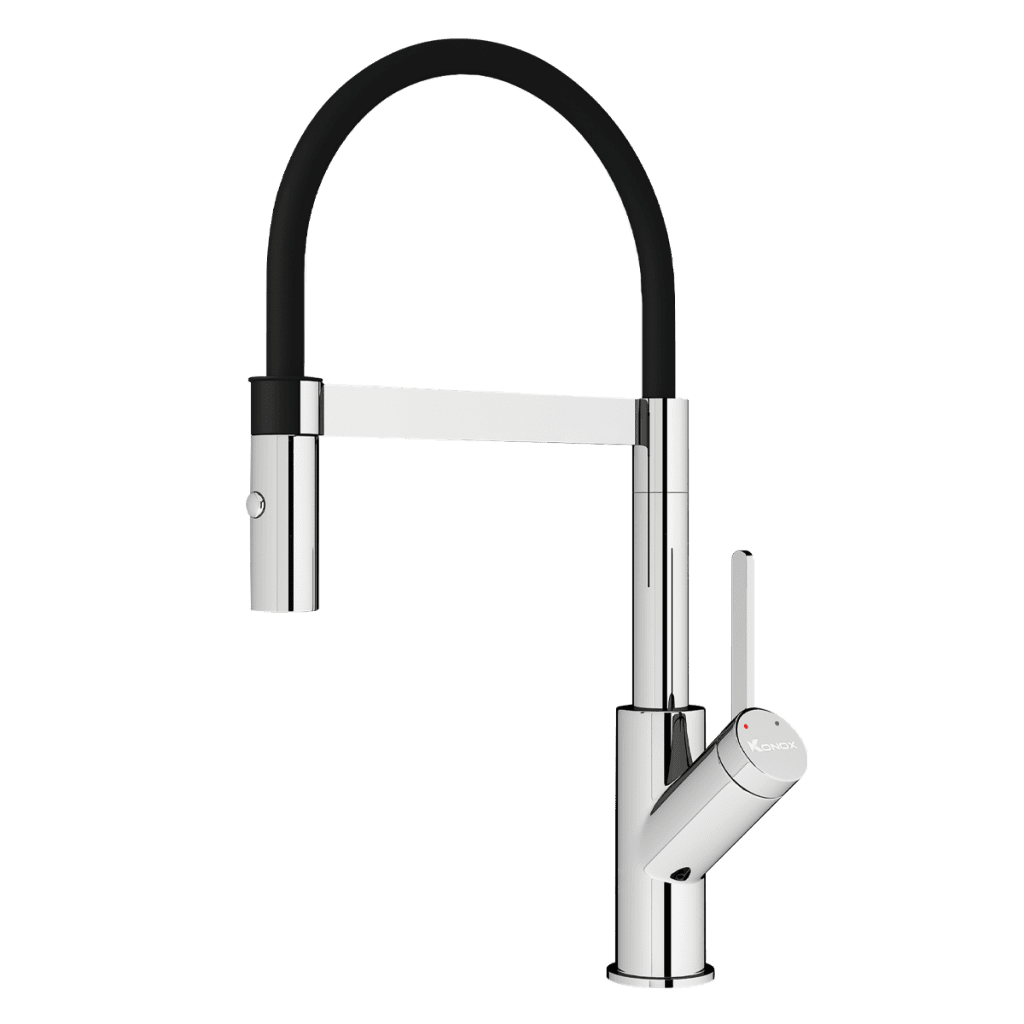 Vòi có hai đường cấp nước nóng lạnh và khả năng xoay 360 độ, mở rộng phạm vi tiếp cận cho mọi thao tác.