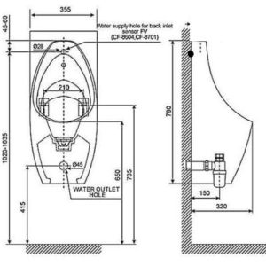Bản vẽ kỹ thuật Bồn Tiểu Nam Treo Tường American Standard 6737B-AWT