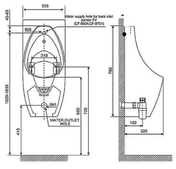 Bản vẽ kỹ thuật Bồn Tiểu Nam Treo Tường American Standard 6737B-AWT