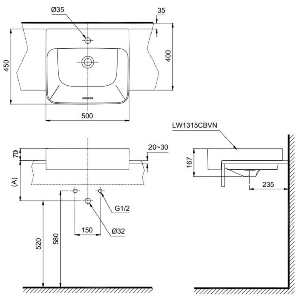 Bản vẽ kỹ thuật Chậu lavabo TOTO LW1315CBVN#XW bán âm bàn