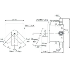 Bản vẽ kỹ thuật vòi sen âm tường TOTO TBG13303A/TBN01001B nóng lạnh 1 đường nước