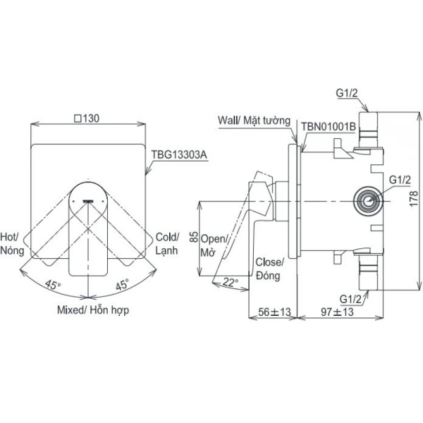Bản vẽ kỹ thuật vòi sen âm tường TOTO TBG13303A/TBN01001B nóng lạnh 1 đường nước