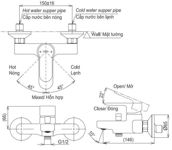 Thông số kỹ thuật củ sen tắm TOTO TBS06302V nóng lạnh dòng LH