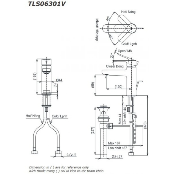Bản vẽ kỹ thuật vòi lavabo TOTO TLS06301V nóng lạnh