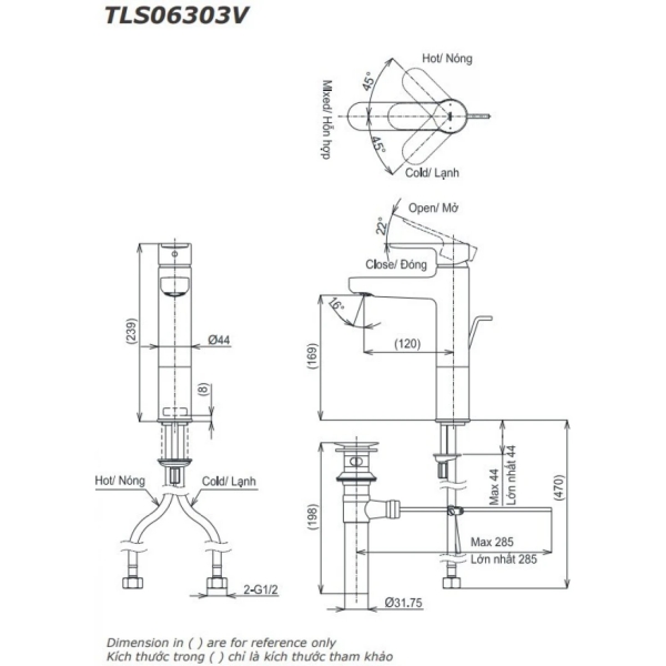 Bản vẽ kỹ thuật  vòi lavabo TOTO TLS06303V nóng lạnh