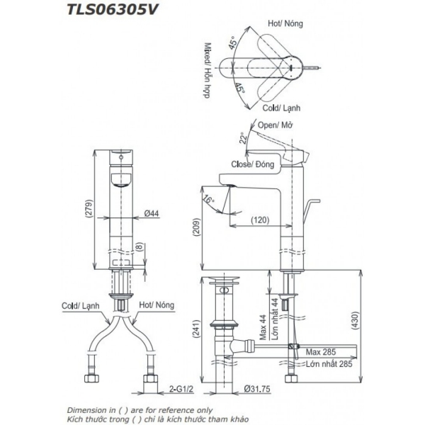 Bản vẽ kỹ thuật vòi lavabo TOTO TLS06305V nóng lạnh