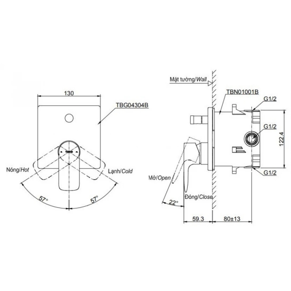 Bản vẽ kỹ thuật van sen vòi TOTO TBG04304BA#BFG/TBN01001B âm tường màu vàng pháp