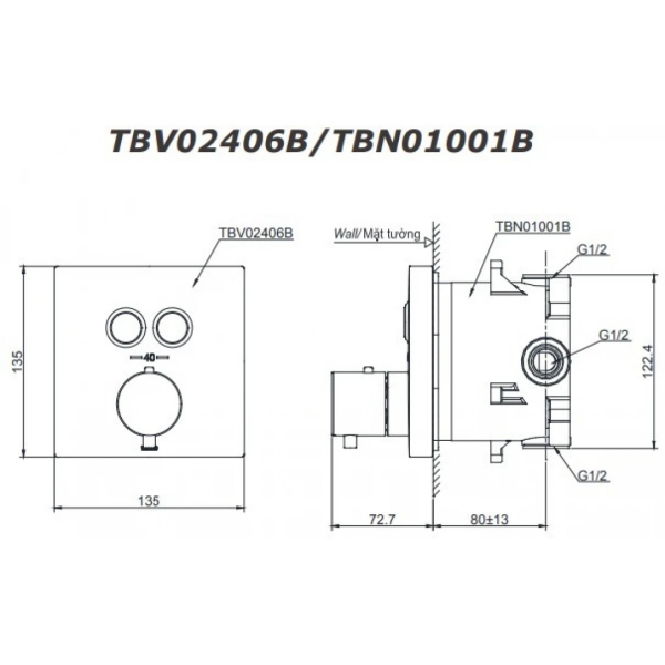 Bản vẽ kỹ thuật van sen vòi TOTO TBV02406B#BFG/TBN01001B âm tường màu vàng Pháp