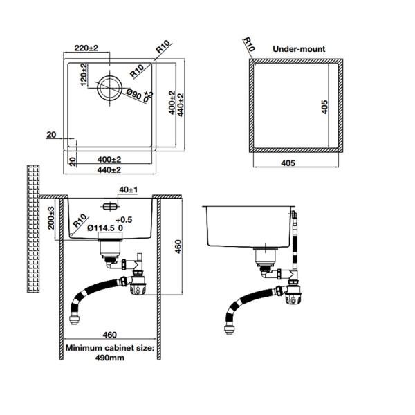Bản vẽ kỹ thuật Chậu rửa chén Hafele R10 HS24-SSN1S-440 _BR 567.24.447