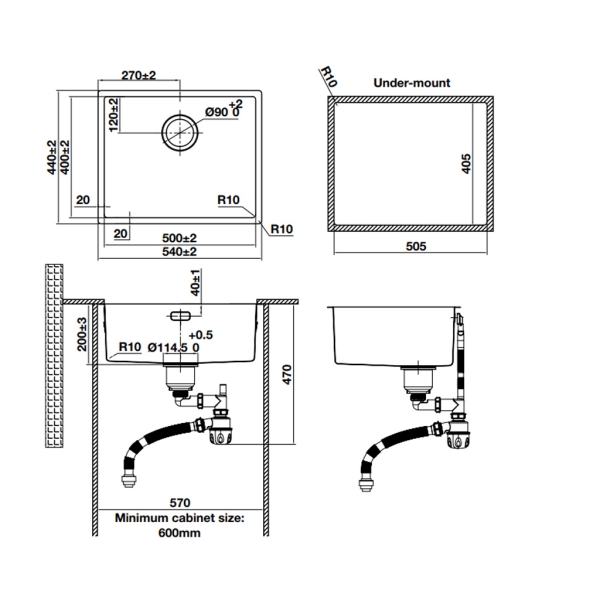Bản vẽ kỹ thuật Chậu rửa chén Hafele R10 HS24-SSN1S-540 _BR 567.24.457