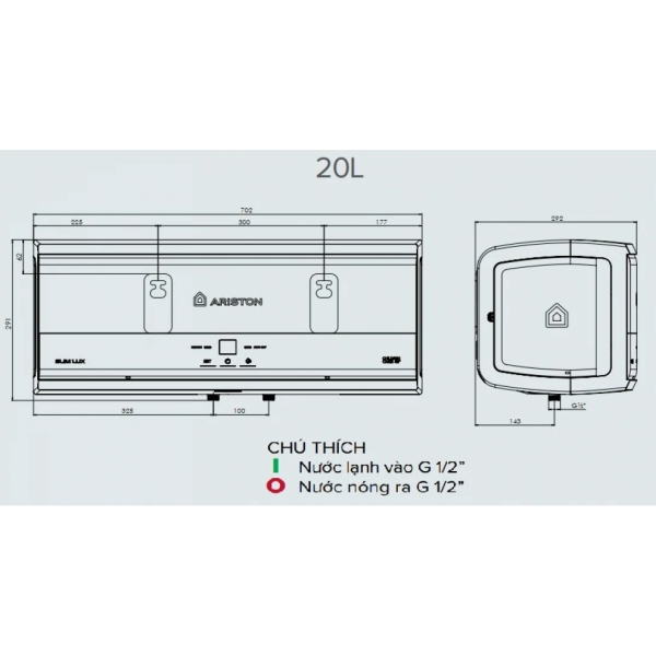 Bản vẽ kỹ thuật Máy nước nóng ARISTON SL3 20 LUX gián tiếp 20L bình ngang
